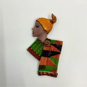 Vintage Artisan African Kitenge Woman Brooch Earth Tone Collector Pin